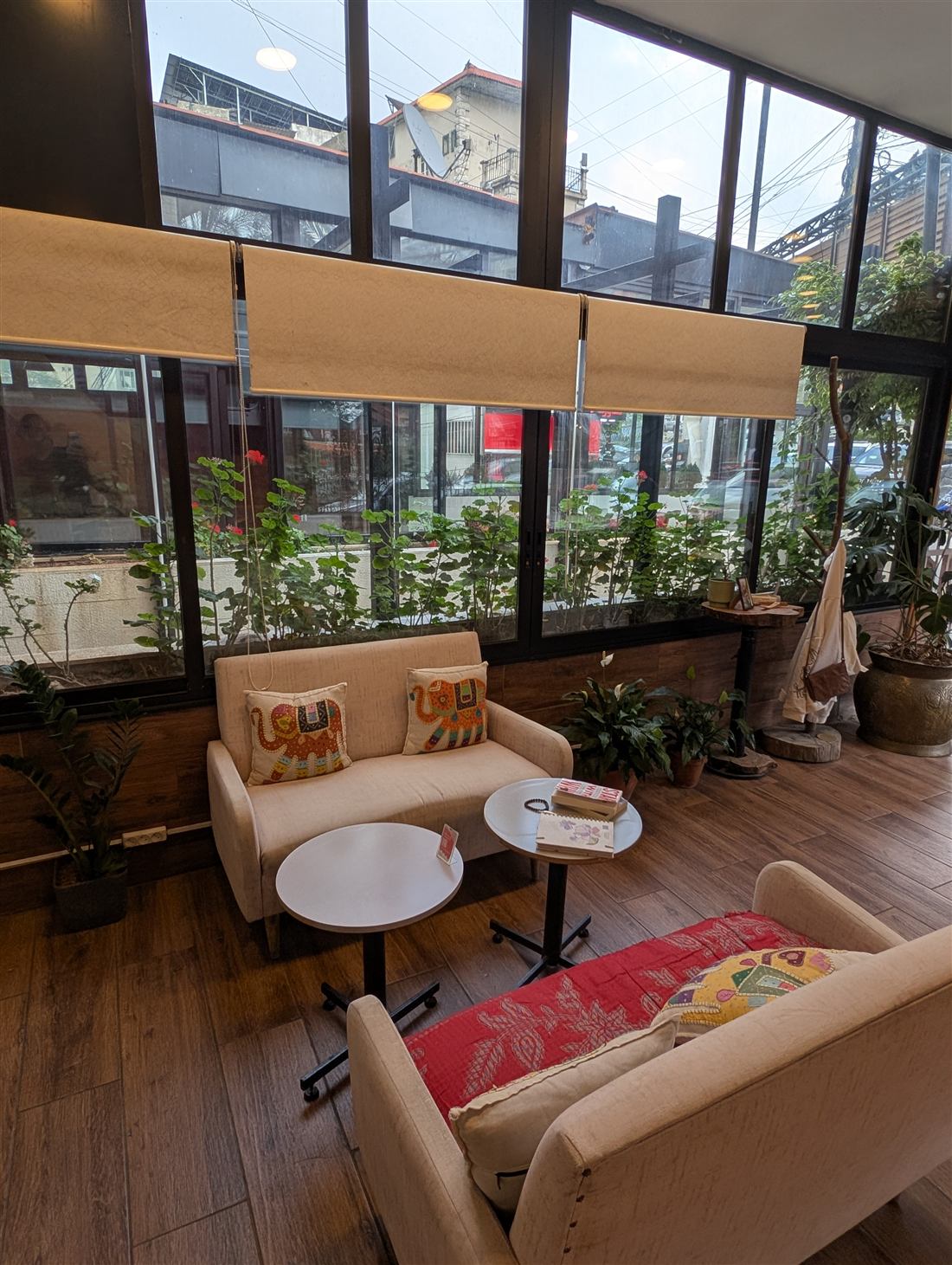 Sofas with elephant cushions by the garden windows at Nadi